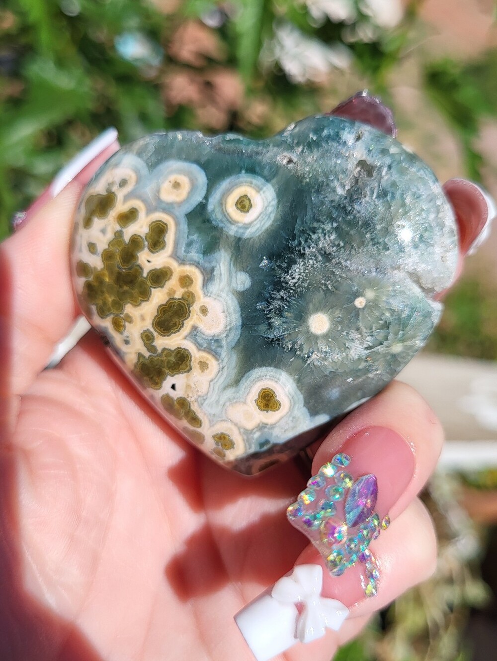 Ocean Jasper Heart Palm Stone - Green and Blue Decorative Accent
